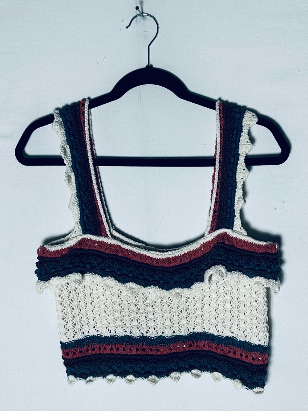 Zara Striped Cotton Blend Open Crochet Knit Crop Cami Top M Festival NWT